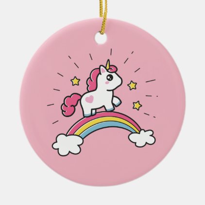 Cute Unicorn On A Rainbow Design Ceramic Ornament