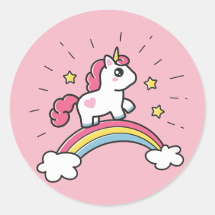 Cute Unicorn On A Rainbow Design Classic Round Sticker