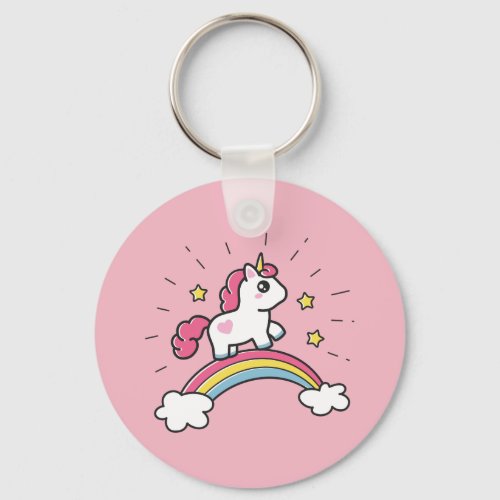 Cute Unicorn On A Rainbow Design Keychain