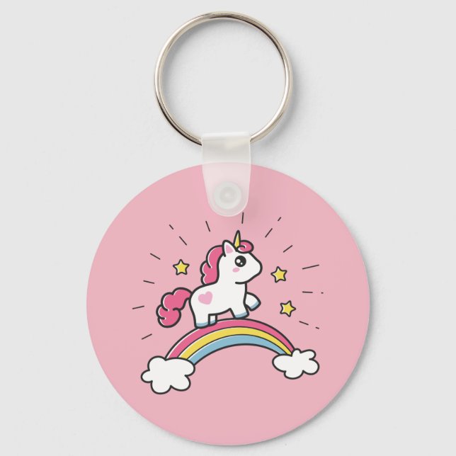 Cute Unicorn On A Rainbow Design Keychain (Front)