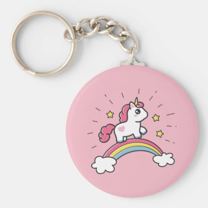 Cute Unicorn On A Rainbow Design Keychain