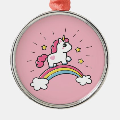 Cute Unicorn On A Rainbow Design Metal Ornament