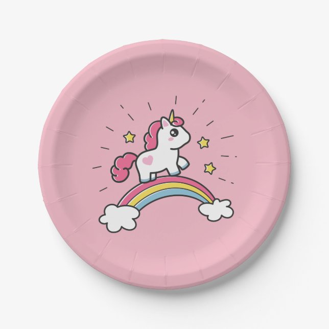 Cute Unicorn On A Rainbow Design Paper Plates (Front)