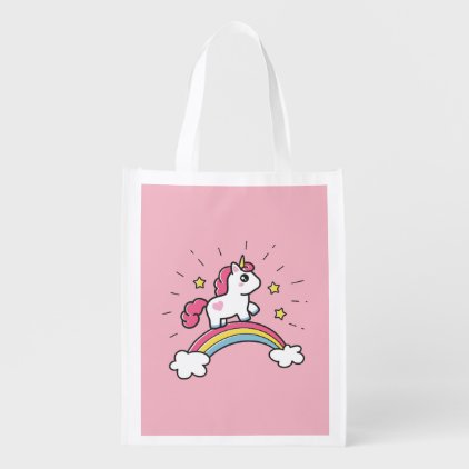 Cute Unicorn On A Rainbow Design Reusable Grocery Bag