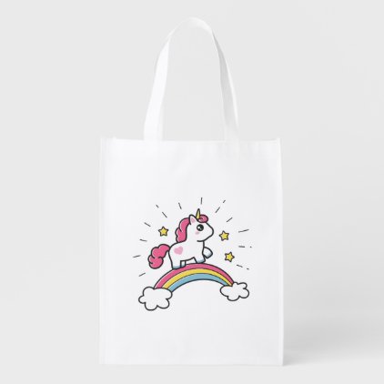 Cute Unicorn On A Rainbow Design Reusable Grocery Bag