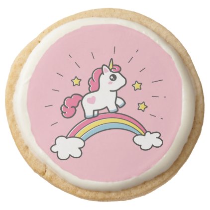 Cute Unicorn On A Rainbow Design Round Shortbread Cookie