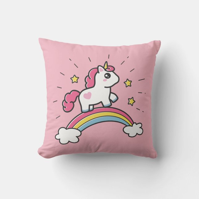 Cute Unicorn On A Rainbow Design Throw Pillow (Front)