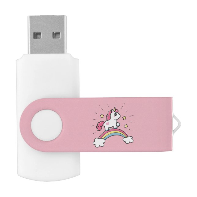 Cute Unicorn On A Rainbow Design USB Flash Drive (Opened)