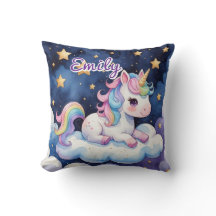 Cute Unicorn on Cloud Editable Name Pillow