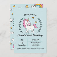 Cute Unicorn on Laurels. Birthday Invitation