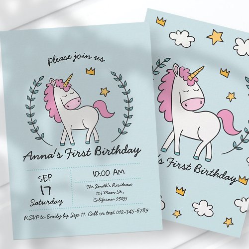 Cute Unicorn on Laurels Birthday Invitation