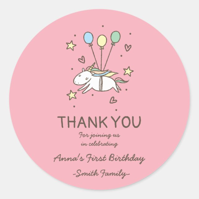 Cute Unicorn on Laurels. Birthday. Thank You. Classic Round Sticker (Front)