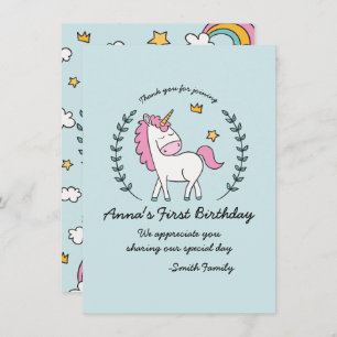 Cute Unicorn on Laurels. Birthday. Thank You. Invitation
