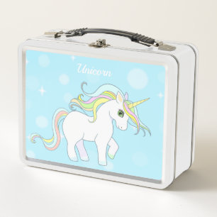 Cute Unicorn on Light Blue Metal Lunch Box