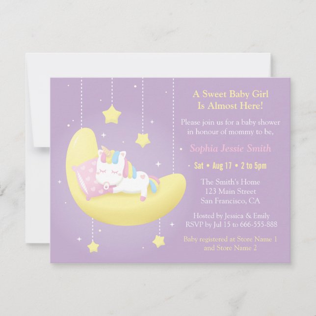 Cute Unicorn on Moon Baby Shower Invitations (Front)