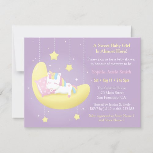 Cute Unicorn on Moon Baby Shower Invitations