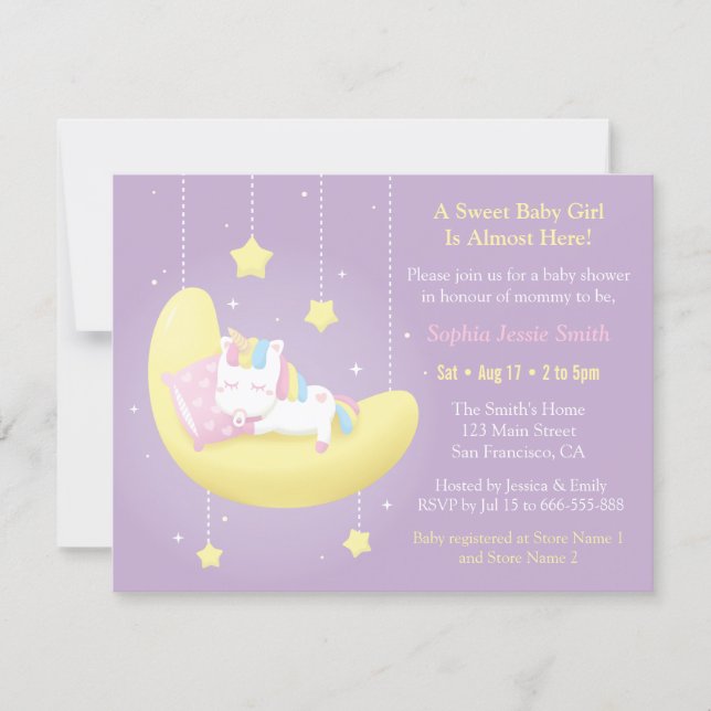 Cute Unicorn on Moon Baby Shower Invitations (Front)