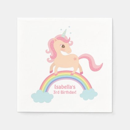 Cute Unicorn on Rainbow Birthday Party Napkins