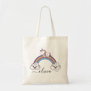Cute Unicorn On Rainbow Custom Name Tote Bag