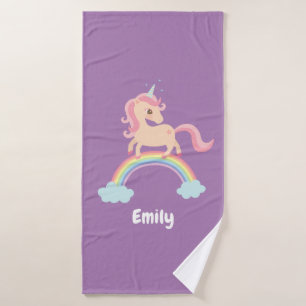 Cute Unicorn On Rainbow Girls Personalized Bath Towel