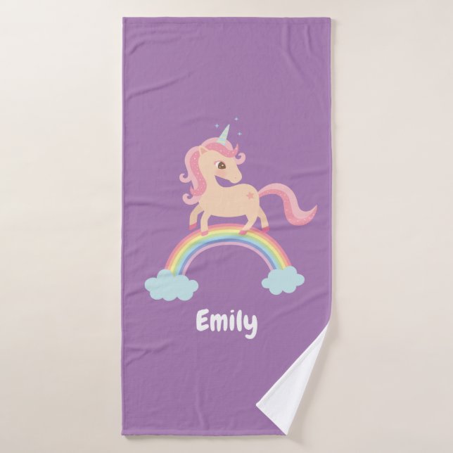 Cute Unicorn On Rainbow Girls Personalized Bath Towel (Bath Towel)