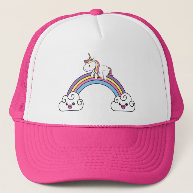 Cute Unicorn On Rainbow Trucker Hat  (Front)