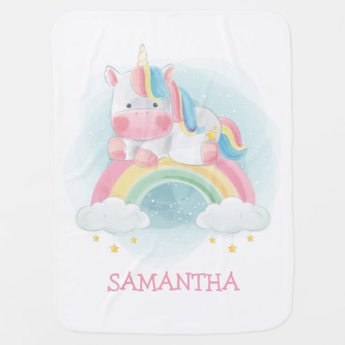 Cute unicorn over the rainbow magical girl baby blanket