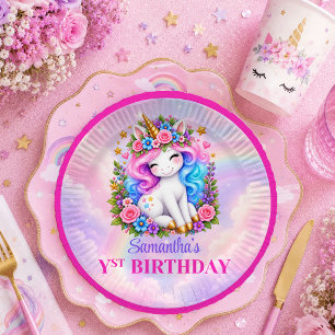 Cute Unicorn Pastel Colors Girl Birthday Party Pla Paper Plates