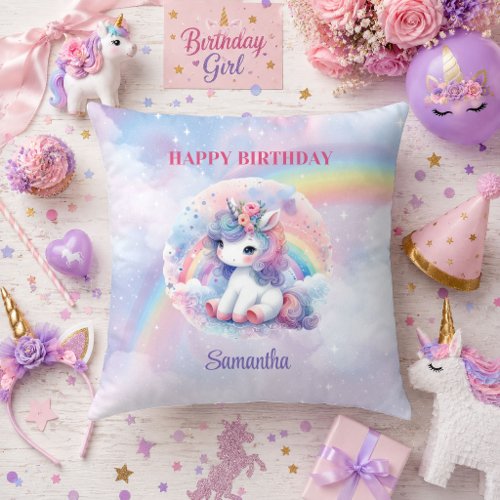Cute Unicorn Pastel Colors Girl Birthday Pillow De