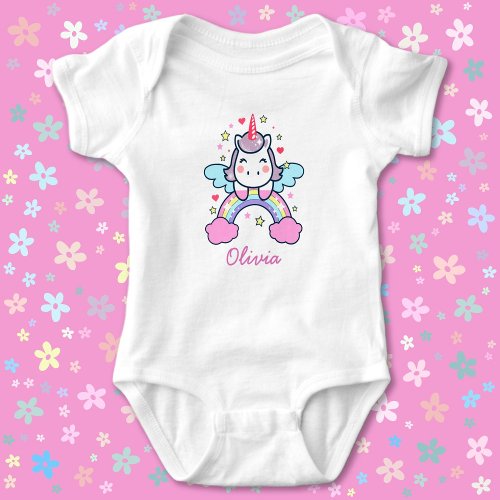 Cute Unicorn Pastel Colors Rainbow Custom Name Baby Bodysuit