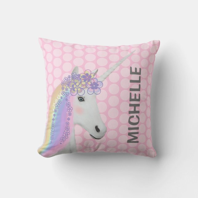 Cute Unicorn Pastel Pink Polka Dots Throw Pillow (Front)