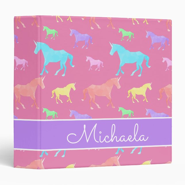 Cute Unicorn Pattern Name Pink Kids School 3 Ring Binder (Front/Spine)