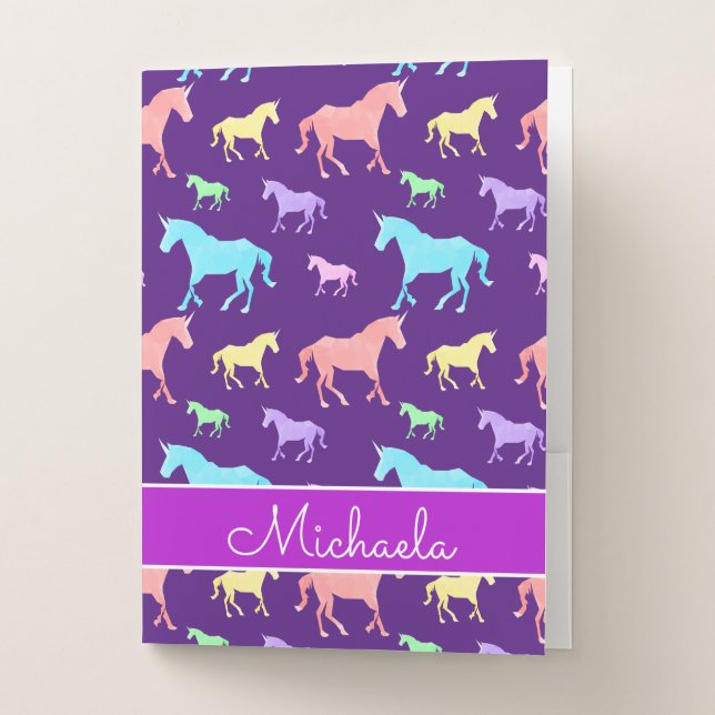 Cute Unicorn Pattern Name Purple Kids School Pocket Folder (Front)