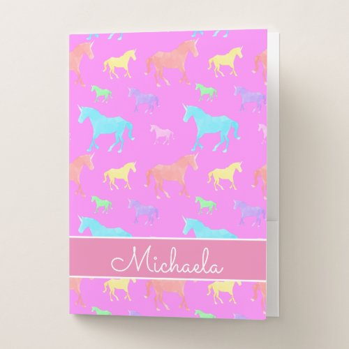 Cute Unicorn Pattern Name Purple Pink Kids School Pocket Folder