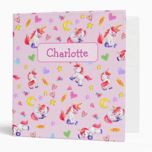 Cute Unicorn Pattern Pink Personalized 3 Ring Binder