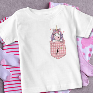 Cute Unicorn Peeking from Pocket with initial Baby T-Shirt