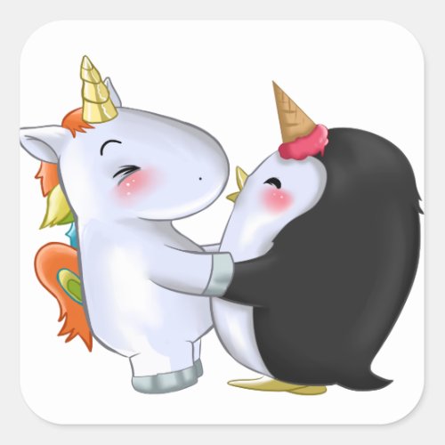 Cute Unicorn Penguin Ice Creame Horn Hugging Gift Square Sticker