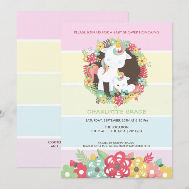 Cute Unicorn Personalized Baby Shower Invitation (Front/Back)
