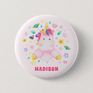 Cute Unicorn - Personalized Blush Pink Kids Button
