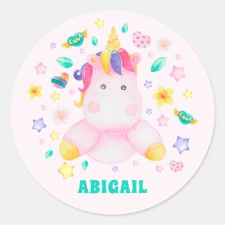 Cute Unicorn - Personalized Blush Pink Kids Classic Round Sticker