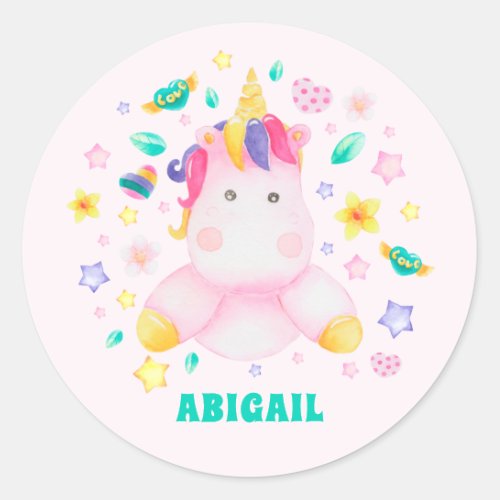 Cute Unicorn _ Personalized Blush Pink Kids Classic Round Sticker