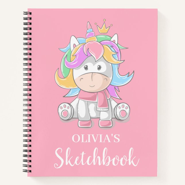 Cute Unicorn Personalized Kids Sketchbook Notebook (Front)