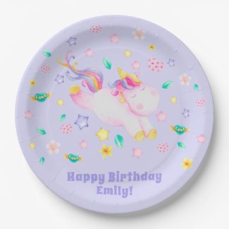 Cute Unicorn - Personalized Lavender Kids Birthday Paper Plates