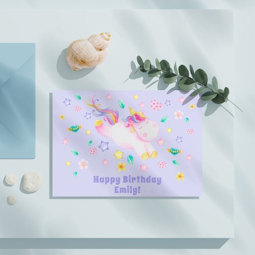 Cute Unicorn _ Personalized Lavender Kids Birthday Postcard