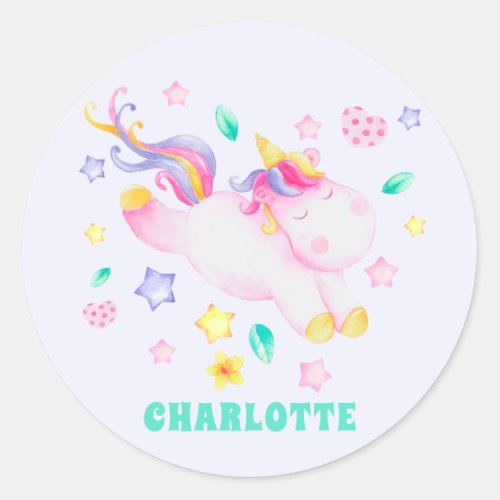 Cute Unicorn _ Personalized Lavender Kids  Classic Round Sticker