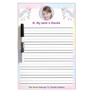 Cute Unicorn Personalized Name Photo Lined Dry Erase Board