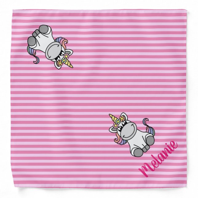 Cute Unicorn Personalized Name Stripes Pattern Bandana (Front)