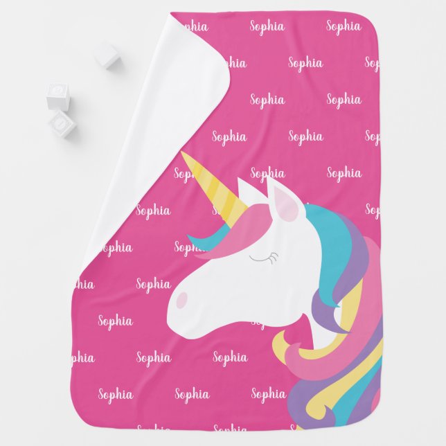 Cute Unicorn Personalized Pink Girl Baby Blanket (In Situ)