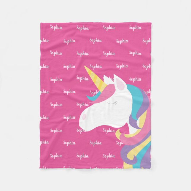 Cute Unicorn Personalized Pink Girl Fleece Blanket (Front)