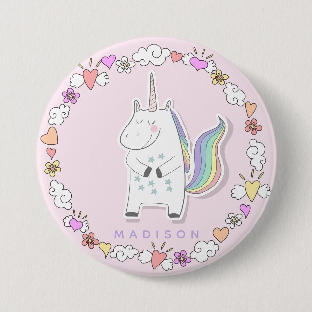 Cute Unicorn - Personalized Pink Girls' Button (Front)